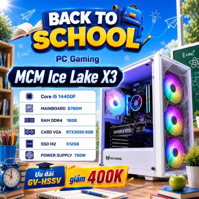 PC Gaming MCM Ice Lake X3 (Core i5 14400F, B760M, DDR4 16GB, RTX3050 6GB, SSD M2 512GB, 750W)
