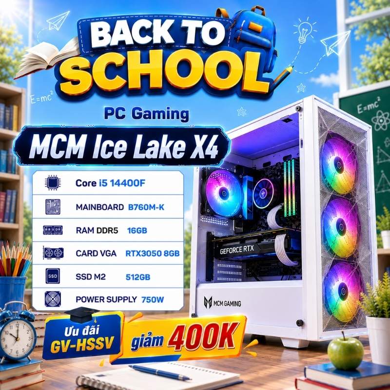PC Gaming MCM Ice Lake X4 (Core i5 14400F, B760M, DDR5 16GB, RTX3050 8GB, SSD M2 512GB, 750W)