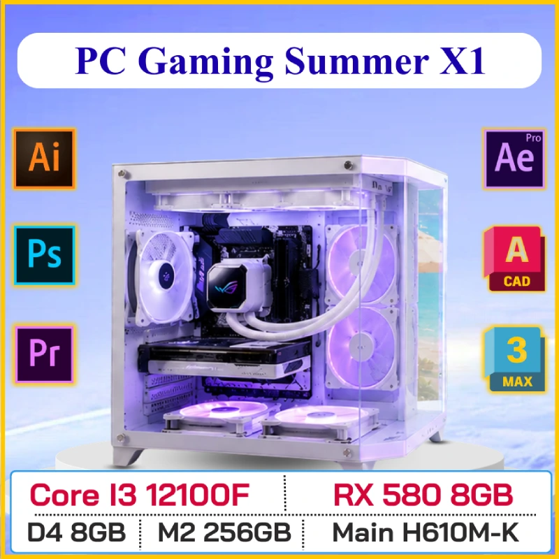 PC GAMING SUMMER X1 (Core i3 12100F, H610M, DDR4 8GB, RX580 8GB, SSD M2 256GB, 750W)