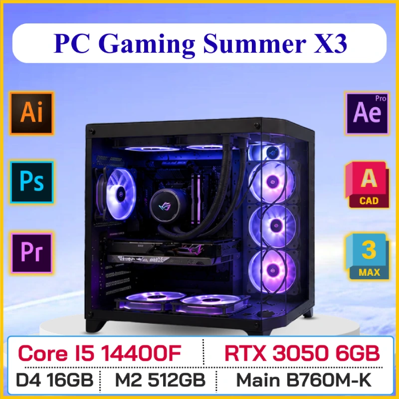 PC GAMING SUMMER X3 (Core i5 14400F, B760M, DDR4 16GB, RTX3050 6GB, SSD M2 512GB, 750W)