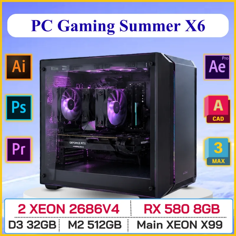 PC GAMING SUMMER X6 (2 XEON 2686V4, XEON X99, DDR3 32GB, RX 580 8GB, SSD M2 512GB, 750W)